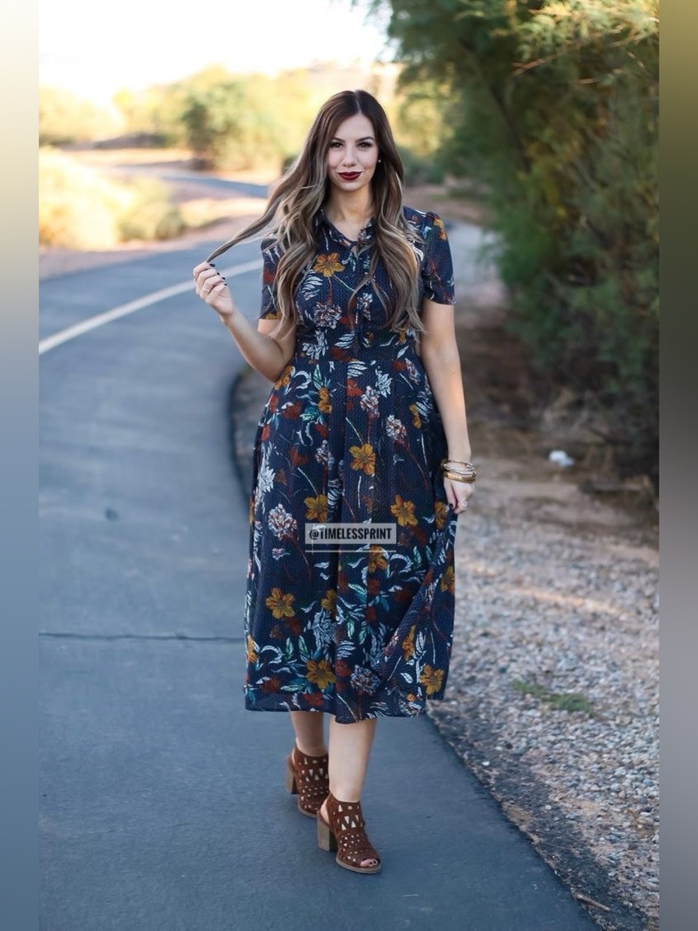 ROOLEE Blue Floral Dress with Collar and Neck Tie